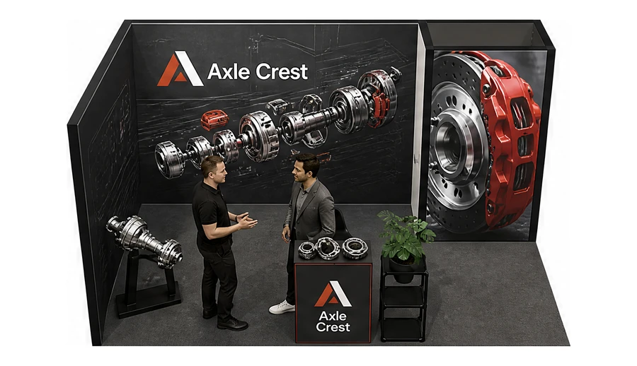 Stoisko 5 × 3 m narożne lewe dla branży części motoryzacyjne, przykładowa marka Axle Crest
