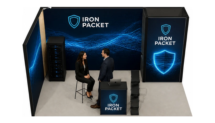 Stoisko 5 × 3 m narożne lewe dla branży cyberbezpieczeństwo, przykładowa marka Iron Packet