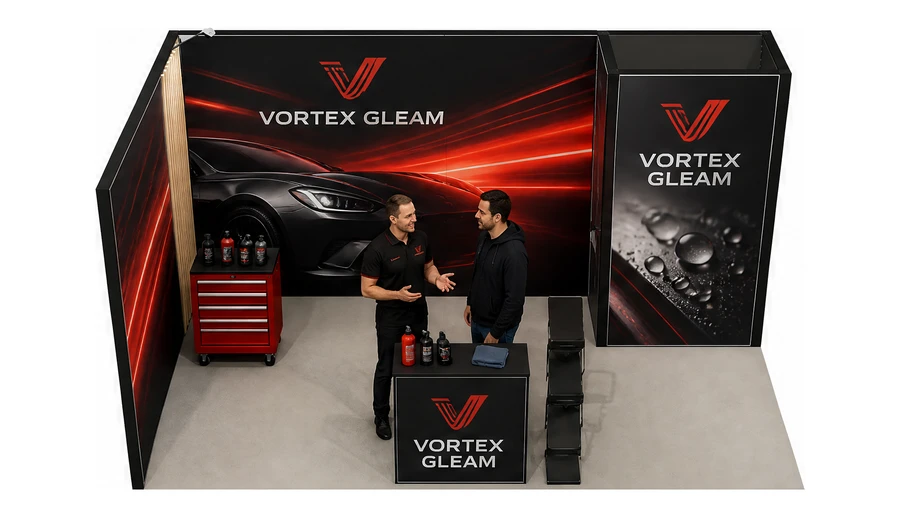 Stoisko 5 × 3 m narożne lewe dla branży tuning i detailing, przykładowa marka Vortex Gleam