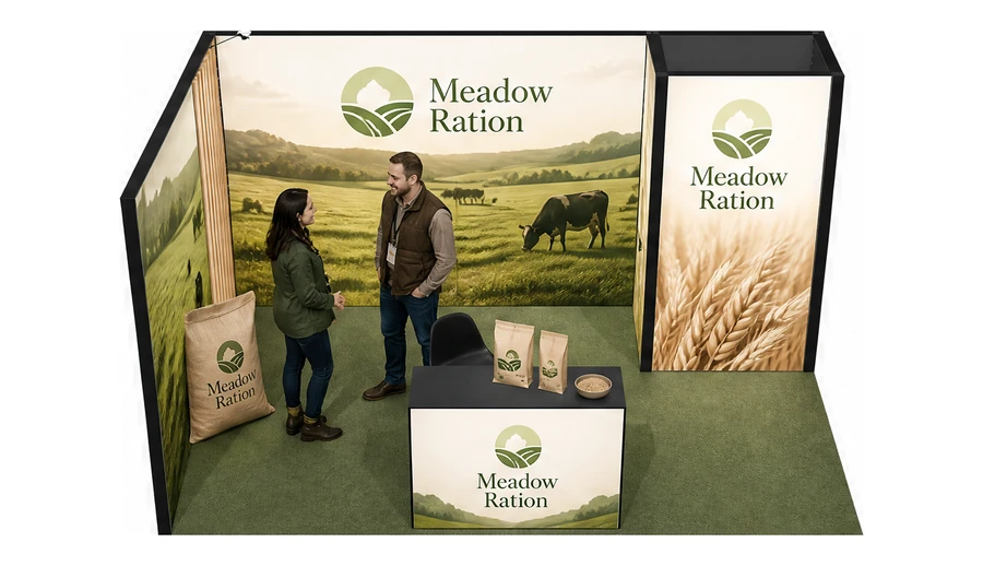 Stoisko 5 × 3 m narożne lewe dla branży hodowla i pasze, przykładowa marka Meadow Ration