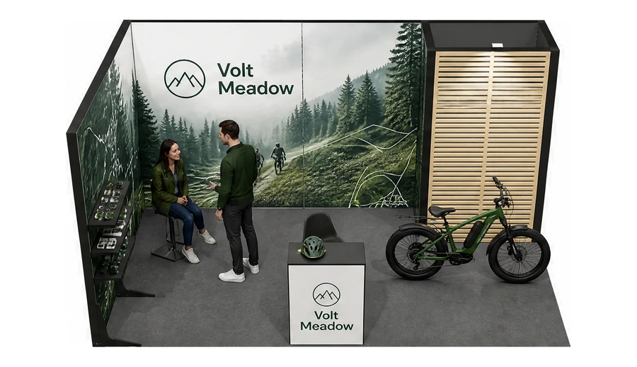 Stoisko 5 × 3 m narożne lewe dla branży rowery elektryczne, przykładowa marka Volt Meadow