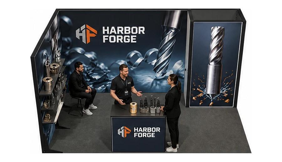 Stoisko 5 × 3 m narożne lewe dla branży obrabiarki i narzędzia, przykładowa marka Harbor Forge