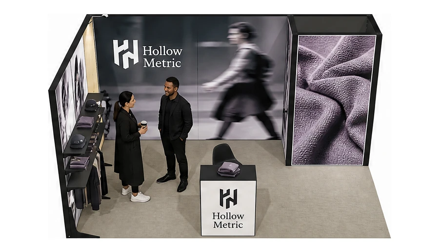 Stoisko 5 × 3 m narożne lewe dla branży odzież i moda, przykładowa marka Hollow Metric