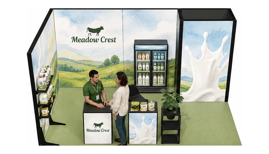 Stoisko 5 × 3 m narożne lewe dla branży nabiał i mleczarstwo, przykładowa marka Meadow Crest