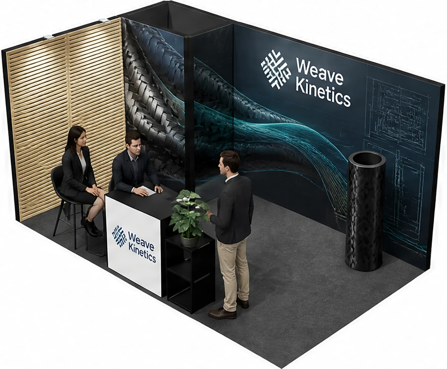 Stoisko 5 × 3 m narożne lewe dla branży materiały kompozytowe, przykładowa marka Weave Kinetics