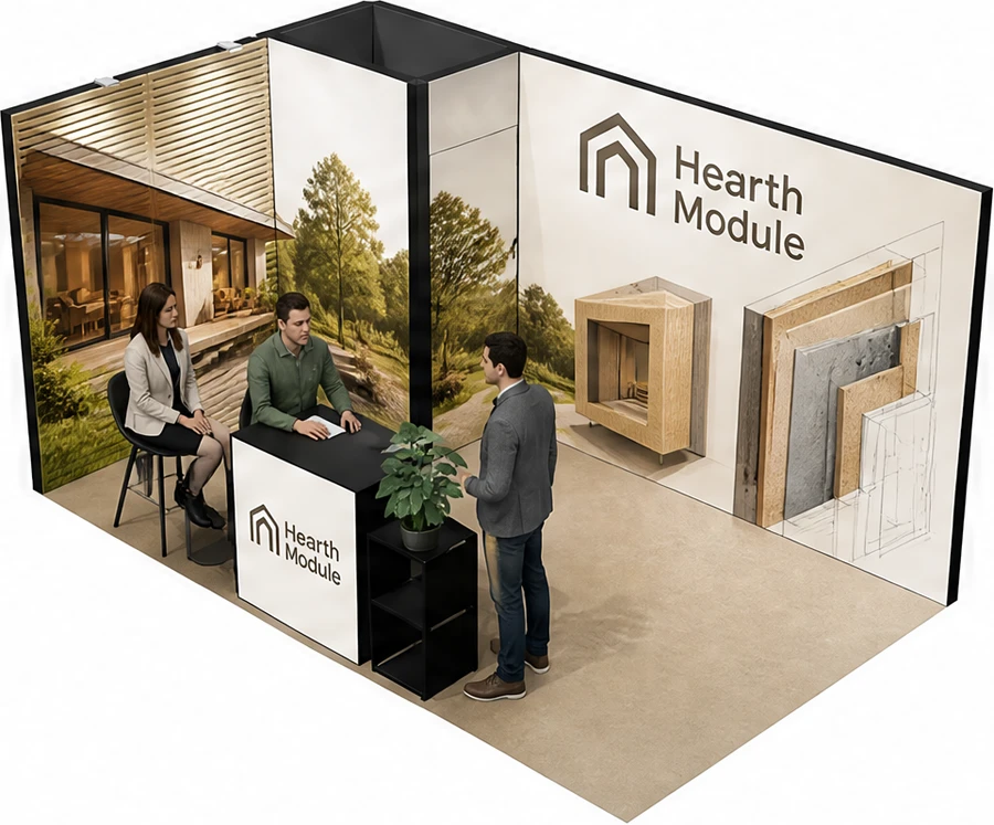 Stoisko 5 × 3 m narożne lewe dla branży domy modułowe i prefabrykacja, przykładowa marka Hearth Module