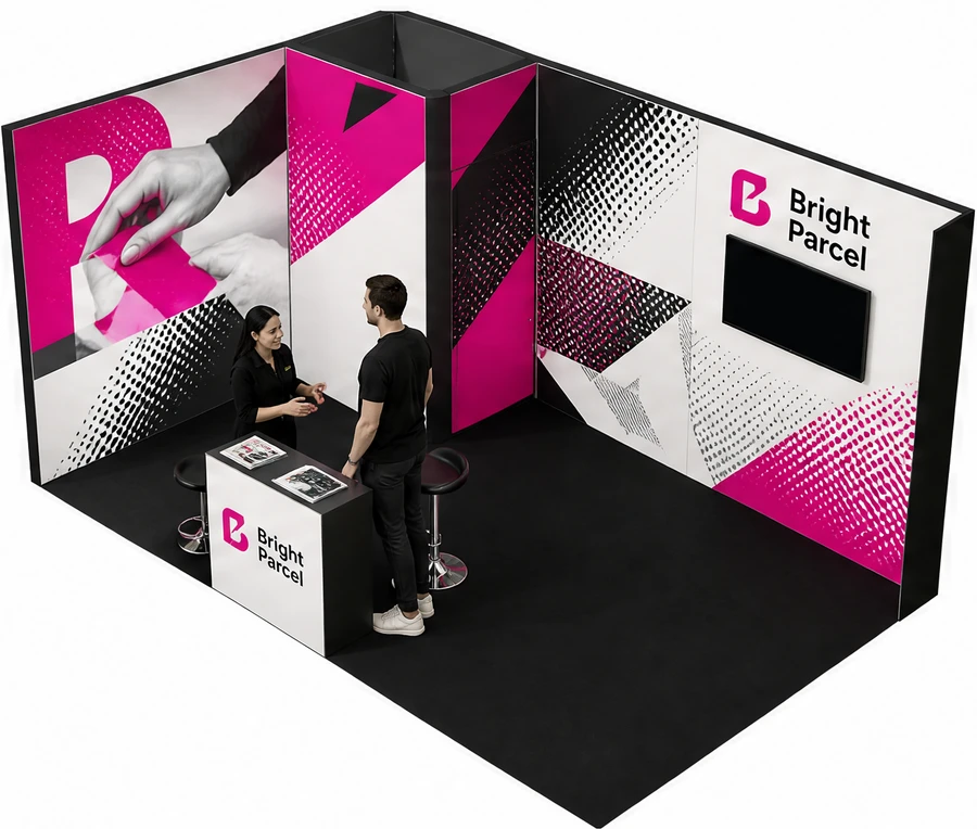 Stoisko 5 × 3 m narożne lewe dla branży reklama i druk, przykładowa marka Bright Parcel