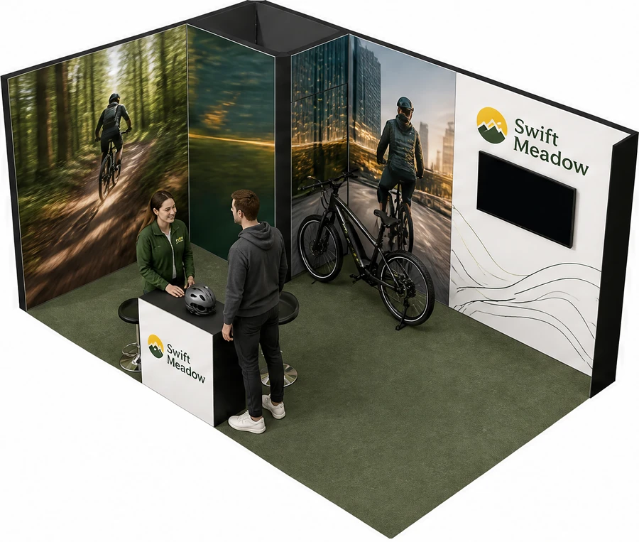 Stoisko 5 × 3 m narożne lewe dla branży rowery elektryczne, przykładowa marka Swift Meadow