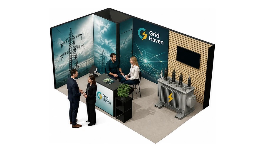 Stoisko 5 × 3 m narożne lewe dla branży energetyka i sieci, przykładowa marka Grid Haven