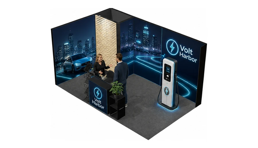 Stoisko 5 × 3 m narożne lewe dla branży elektromobilność i ładowarki, przykładowa marka Volt Harbor
