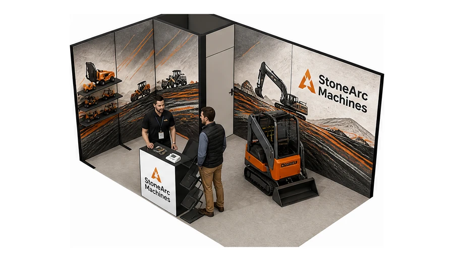 Stoisko 5 × 3 m narożne lewe dla branży maszyny budowlane, przykładowa marka StoneArc Machines