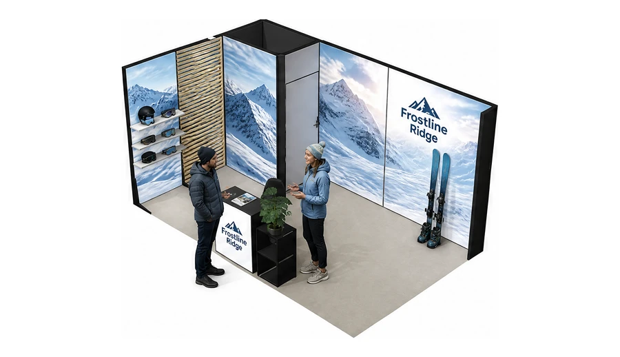 Stoisko 5 × 3 m narożne lewe dla branży narciarstwo i sporty zimowe, przykładowa marka Frostline Ridge