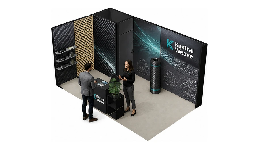 Stoisko 5 × 3 m narożne lewe dla branży materiały kompozytowe, przykładowa marka Kestral Weave