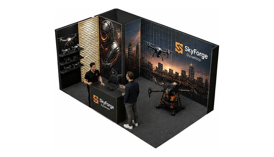 Stoisko 5 × 3 m narożne lewe dla branży drony i robotyka, przykładowa marka SkyForge Dynamics