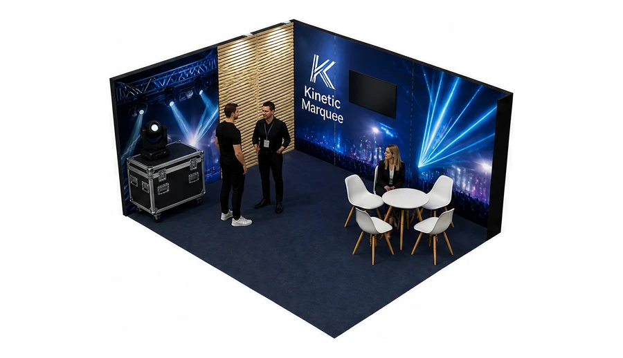 Stoisko 5 × 4 m narożne lewe dla branży branża eventowa, przykładowa marka Kinetic Marquee