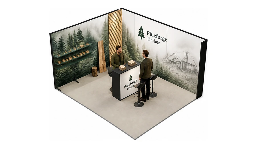 Stoisko 5 × 4 m narożne lewe dla branży leśnictwo i przemysł drzewny, przykładowa marka Pineforge Timber