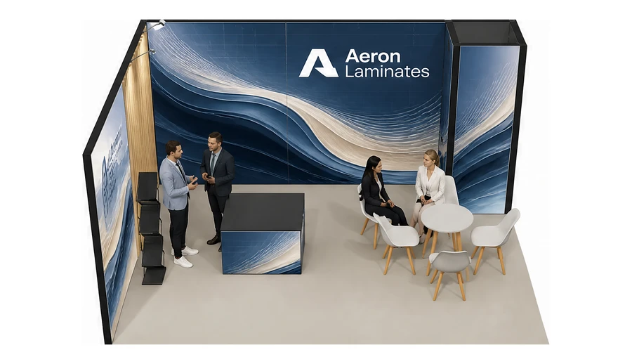 Stoisko 5 × 4 m narożne lewe dla branży materiały kompozytowe, przykładowa marka Aeron Laminates