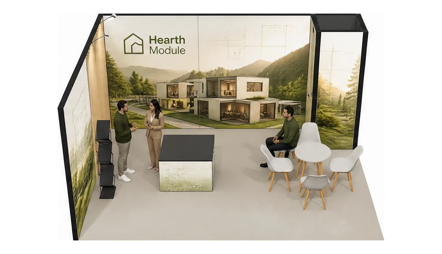 Stoisko 5 × 4 m narożne lewe dla branży domy modułowe i prefabrykacja, przykładowa marka Hearth Module