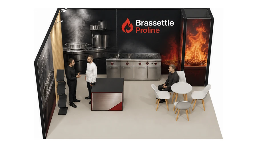 Stoisko 5 × 4 m narożne lewe dla branży wyposażenie gastronomii, przykładowa marka Brassettle Proline