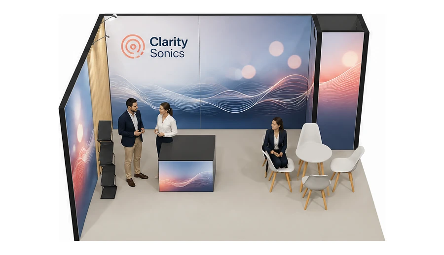 Stoisko 5 × 4 m narożne lewe dla branży optyka i audiologia, przykładowa marka Clarity Sonics