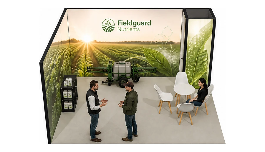 Stoisko 5 × 4 m narożne lewe dla branży nawozy i ochrona roślin, przykładowa marka Fieldguard Nutrients