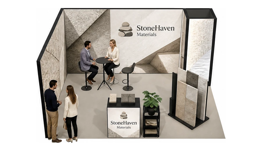 Stoisko 5 × 4 m narożne lewe dla branży materiały budowlane, przykładowa marka StoneHaven Materials
