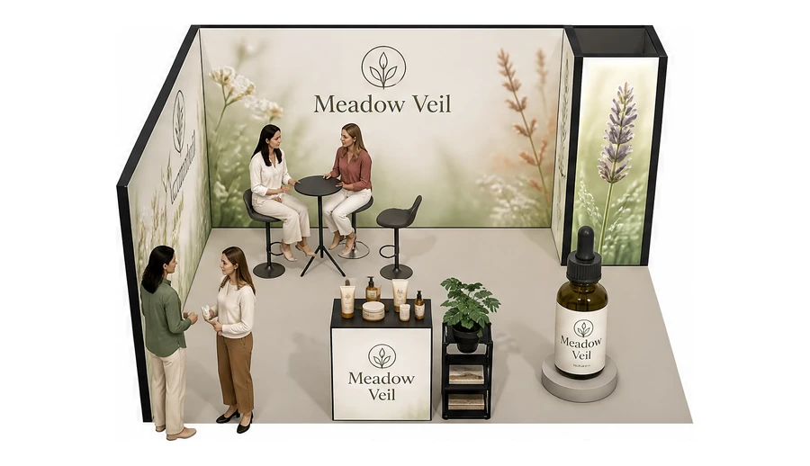 Stoisko 5 × 4 m narożne lewe dla branży kosmetyki naturalne, przykładowa marka Meadow Veil