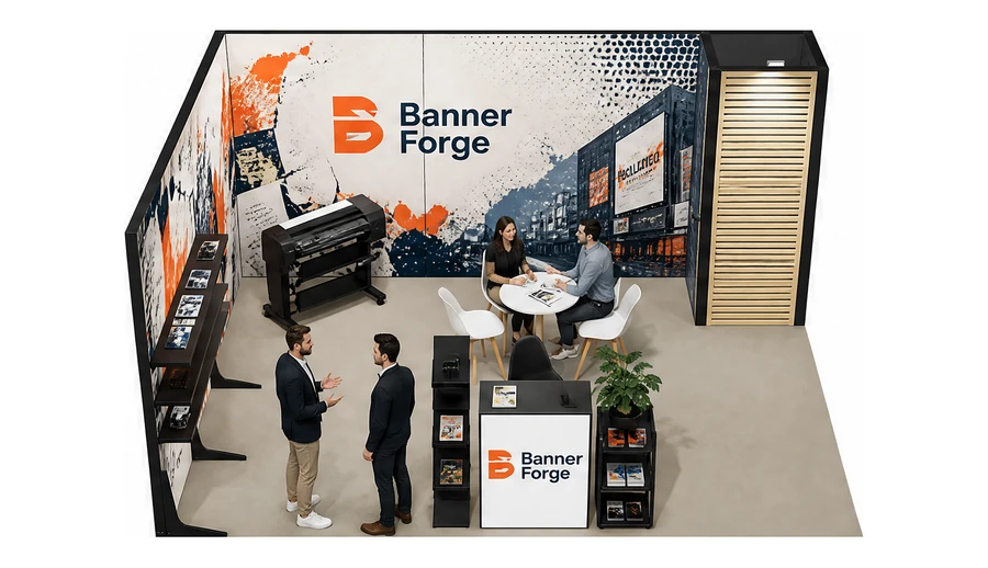 Stoisko 5 × 4 m narożne lewe dla branży reklama i druk, przykładowa marka Banner Forge