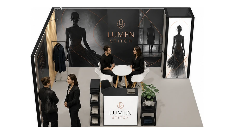 Stoisko 5 × 4 m narożne lewe dla branży odzież i moda, przykładowa marka Lumen Stitch