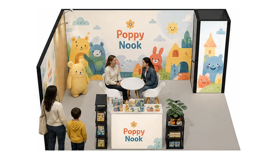 Stoisko 5 × 4 m narożne lewe dla branży zabawki i artykuły dziecięce, przykładowa marka Poppy Nook