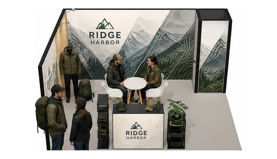 Stoisko 5 × 4 m narożne lewe dla branży odzież i sprzęt outdoorowy, przykładowa marka Ridge Harbor