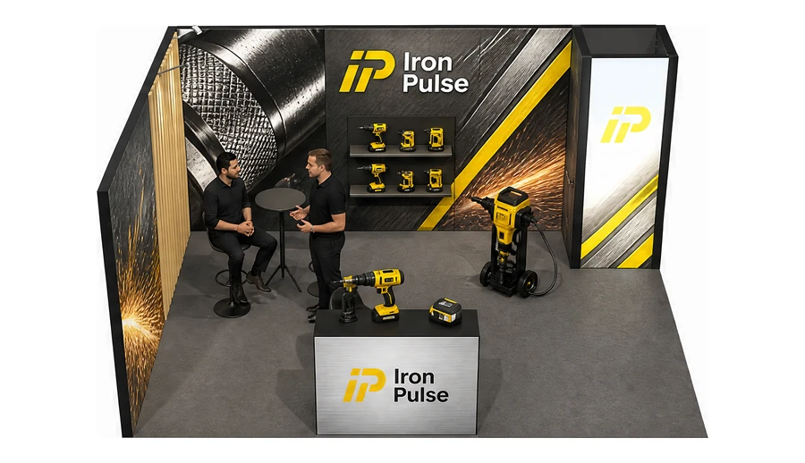 Stoisko 5 × 4 m narożne lewe dla branży elektronarzędzia, przykładowa marka Iron Pulse