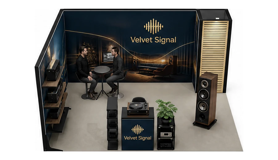 Stoisko 5 × 4 m narożne lewe dla branży sprzęt audio-video, przykładowa marka Velvet Signal