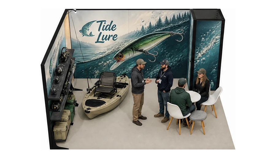 Stoisko 5 × 4 m narożne lewe dla branży wędkarstwo, przykładowa marka Tide Lure