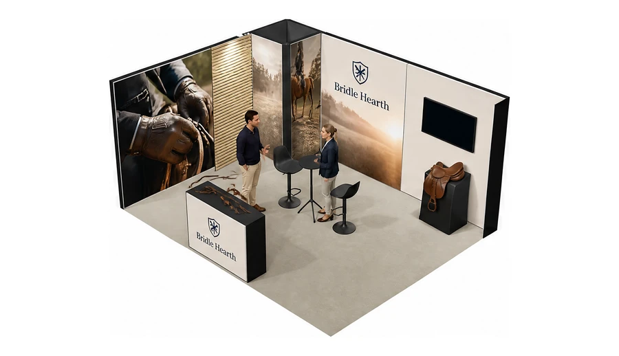 Stoisko 5 × 4 m narożne lewe dla branży jeździectwo, przykładowa marka Bridle Hearth