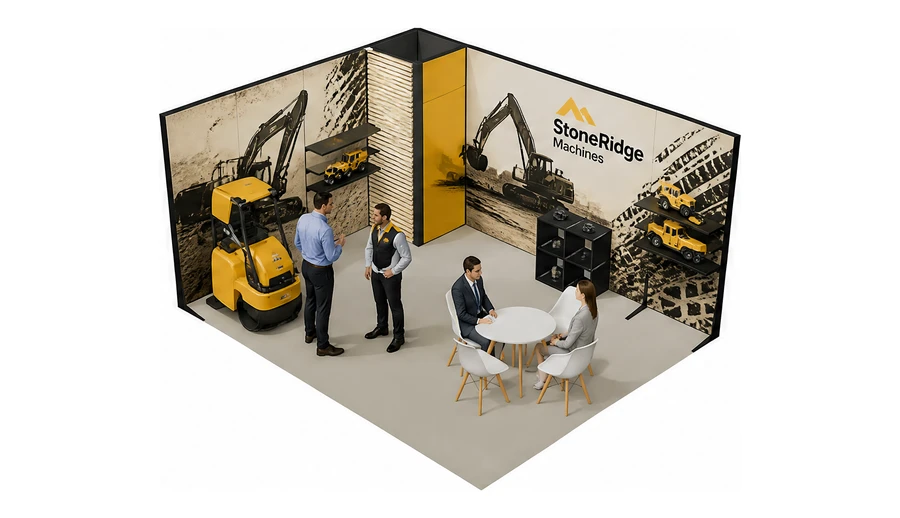 Stoisko 5 × 4 m narożne lewe dla branży maszyny budowlane, przykładowa marka StoneRidge Machines