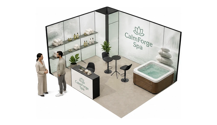 Stoisko 5 × 4 m narożne lewe dla branży spa i wellness, przykładowa marka CalmForge Spa