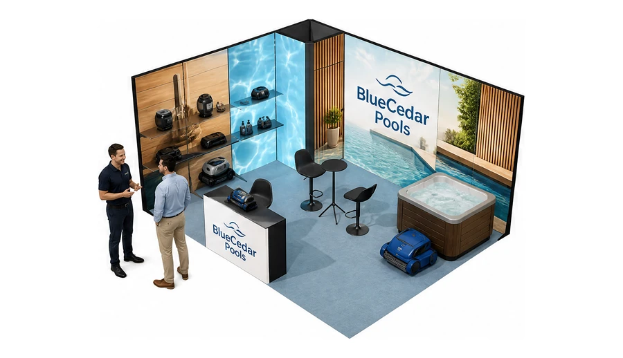 Stoisko 5 × 4 m narożne lewe dla branży baseny i sauny, przykładowa marka BlueCedar Pools