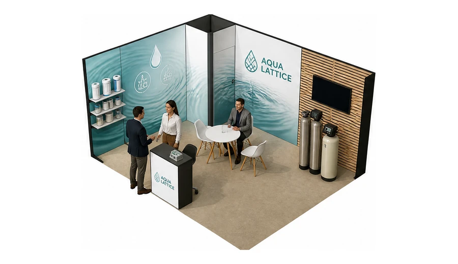Stoisko 5 × 4 m narożne lewe dla branży technologie wodne, przykładowa marka Aqua Lattice