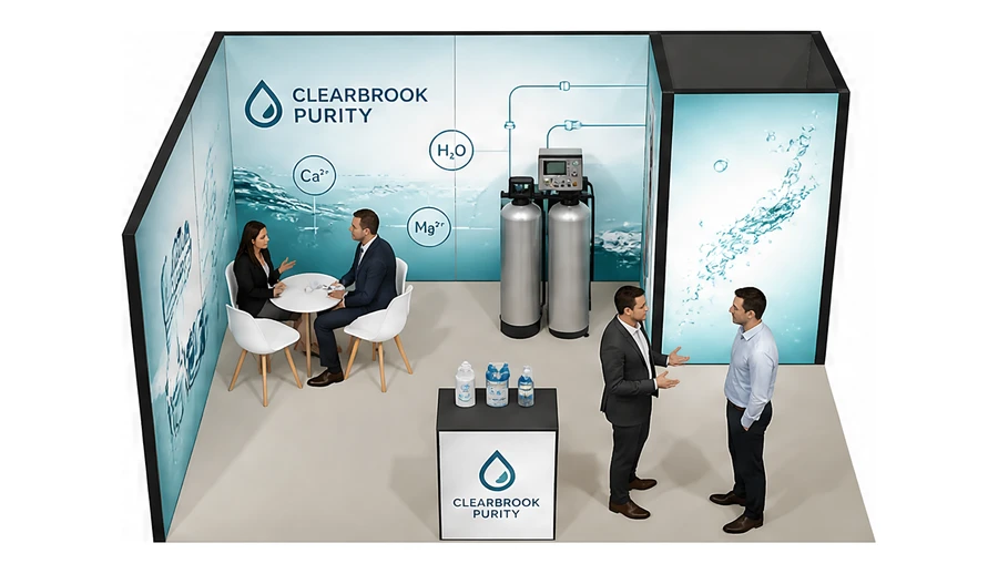 Stoisko 5 × 4 m narożne lewe dla branży technologie wodne, przykładowa marka Clearbrook Purity