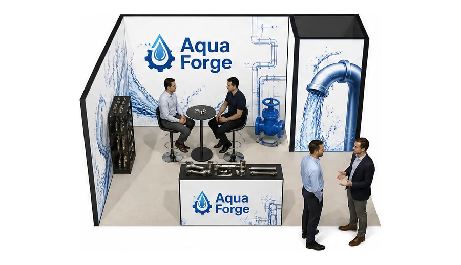 Stoisko 5 × 4 m narożne lewe dla branży instalacje wodno-kanalizacyjne, przykładowa marka Aqua Forge