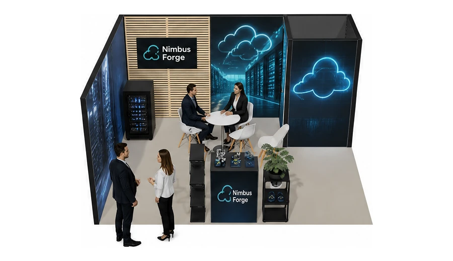 Stoisko 5 × 4 m narożne lewe dla branży infrastruktura IT i data center, przykładowa marka Nimbus Forge