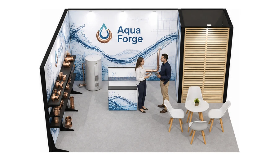 Stoisko 5 × 4 m narożne lewe dla branży instalacje wodno-kanalizacyjne, przykładowa marka Aqua Forge