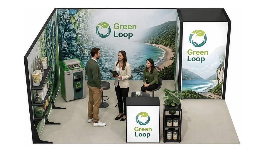 Stoisko 5 × 4 m narożne lewe dla branży recykling i ochrona środowiska, przykładowa marka Green Loop