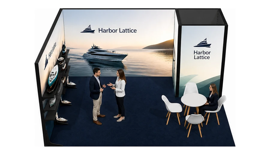Stoisko 5 × 4 m narożne lewe dla branży jachty i łodzie, przykładowa marka Harbor Lattice