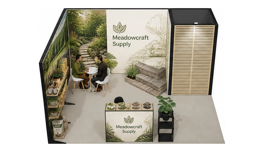 Stoisko 5 × 4 m narożne lewe dla branży ogród i architektura krajobrazu, przykładowa marka Meadowcraft Supply
