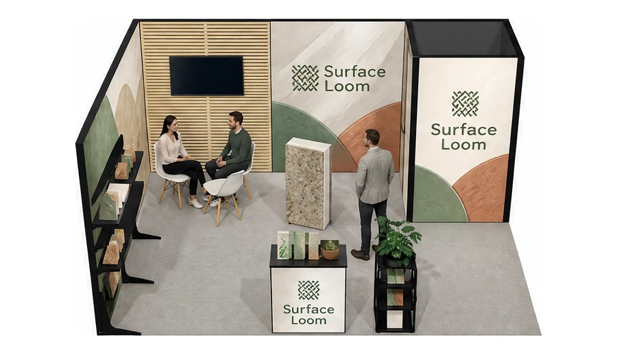 Stoisko 5 × 4 m narożne lewe dla branży wykończenie wnętrz, przykładowa marka Surface Loom