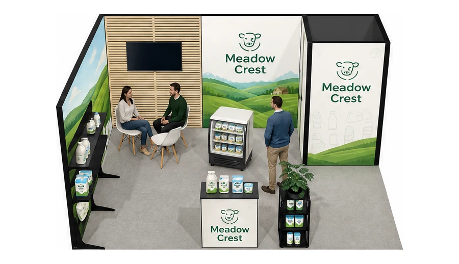 Stoisko 5 × 4 m narożne lewe dla branży nabiał i mleczarstwo, przykładowa marka Meadow Crest
