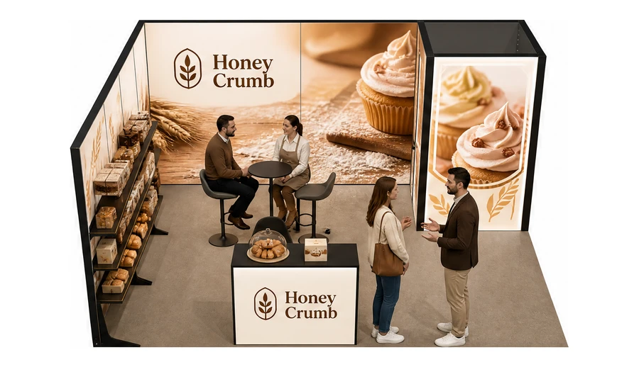 Stoisko 5 × 4 m narożne lewe dla branży piekarnictwo i cukiernictwo, przykładowa marka Honey Crumb