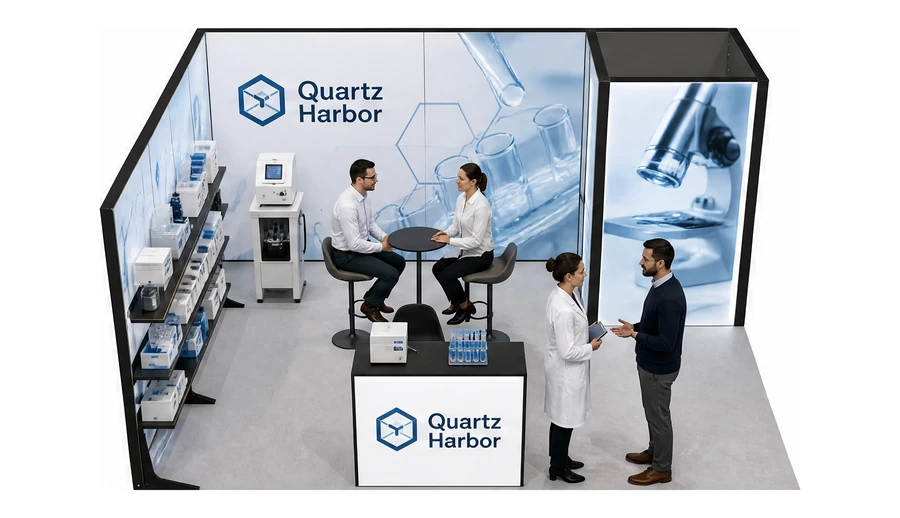 Stoisko 5 × 4 m narożne lewe dla branży sprzęt laboratoryjny, przykładowa marka Quartz Harbor